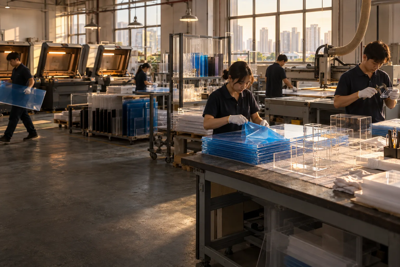 Reparto di produzione di articoli in acrilico con macchine per taglio laser, una fresa CNC e operatori che controllano le teche finite