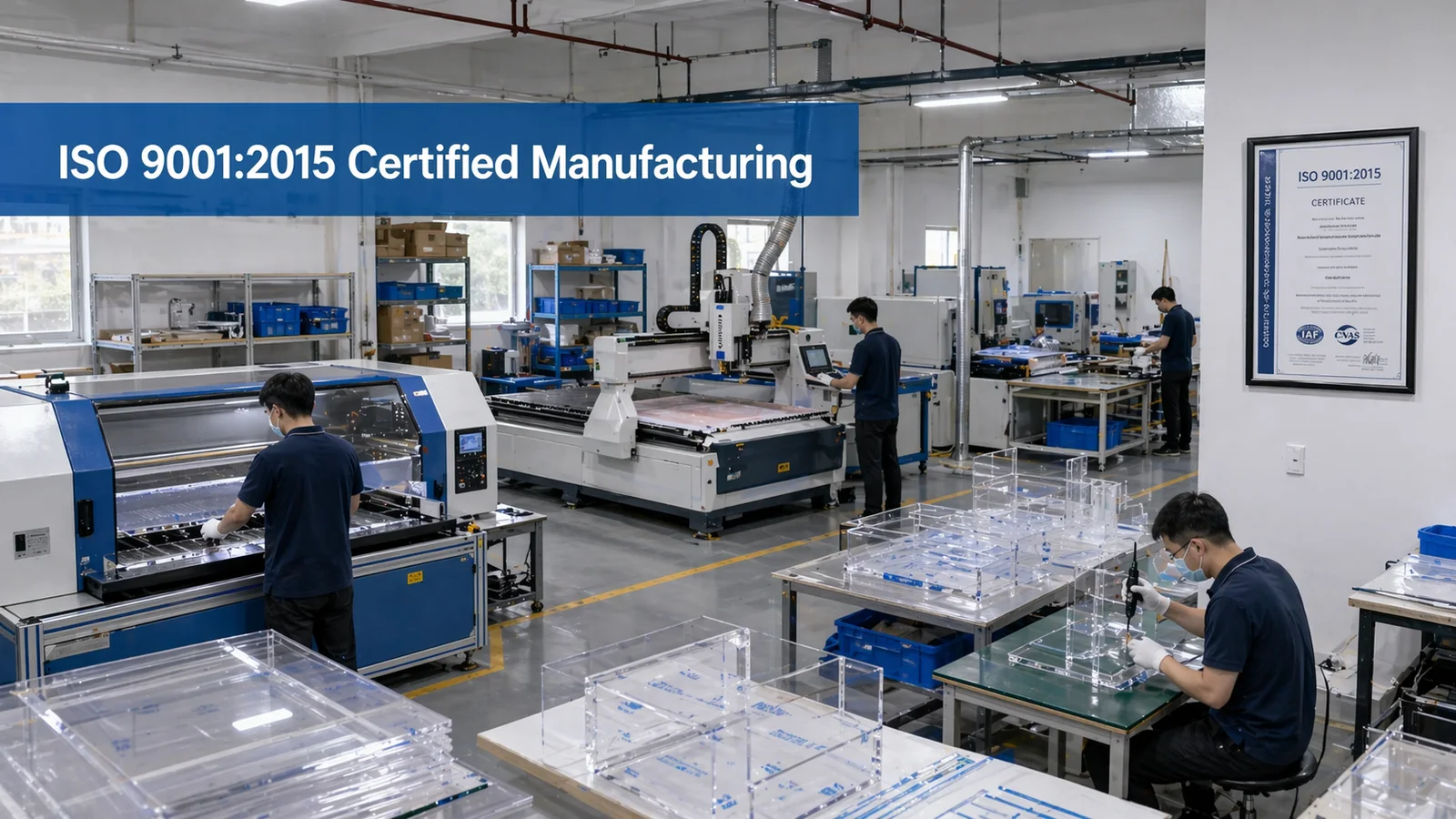 Wide overview of Wetop Acrylic's production floor with CNC and laser equipment in a bright ISO 9001-certified manufacturing environment