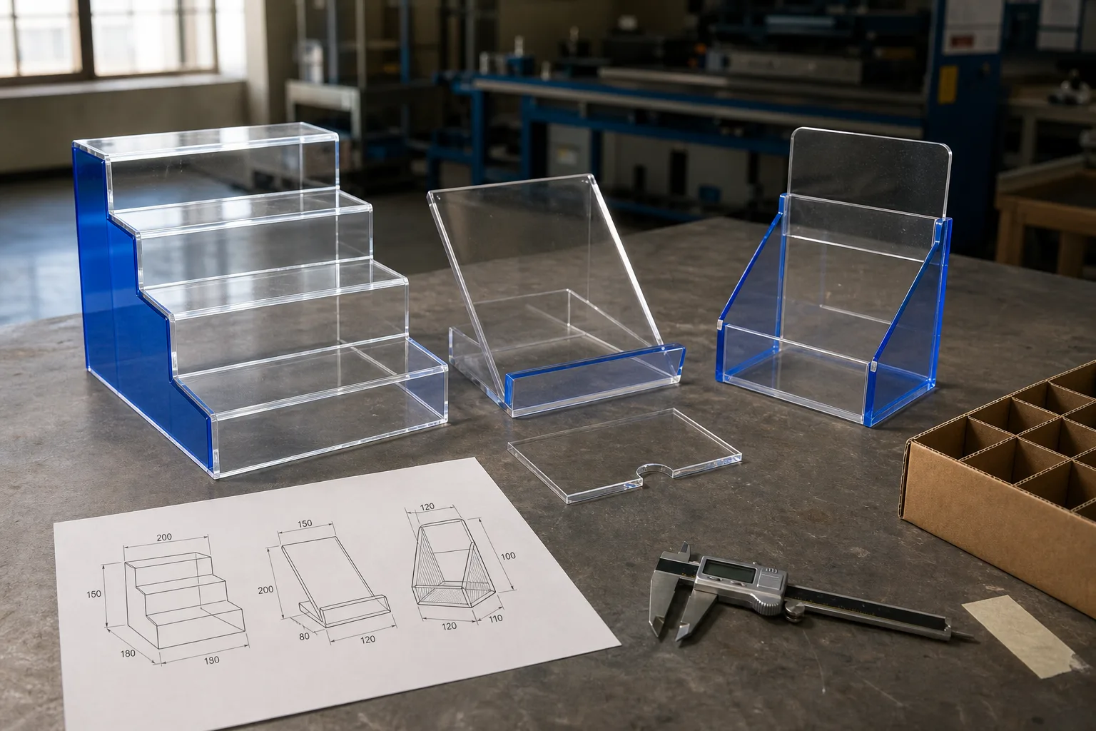 Clear acrylic riser, slanted stand and brochure display samples beside a technical drawing and caliper in an acrylic factory