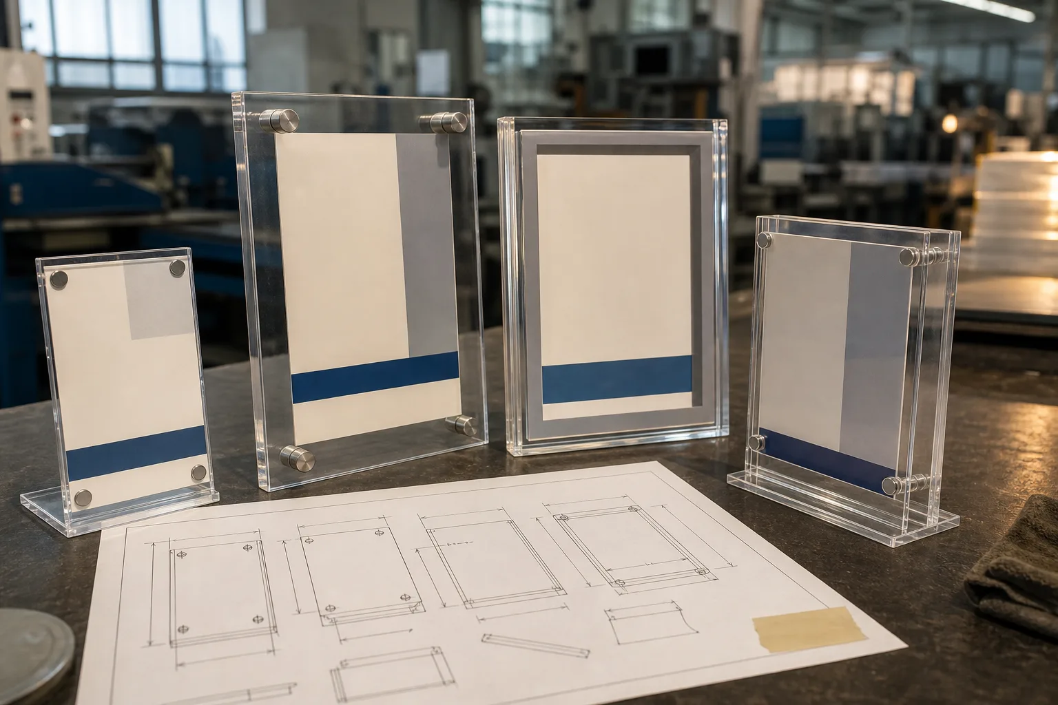 Four clear acrylic frame samples with magnetic hardware and technical drawings on a factory workbench