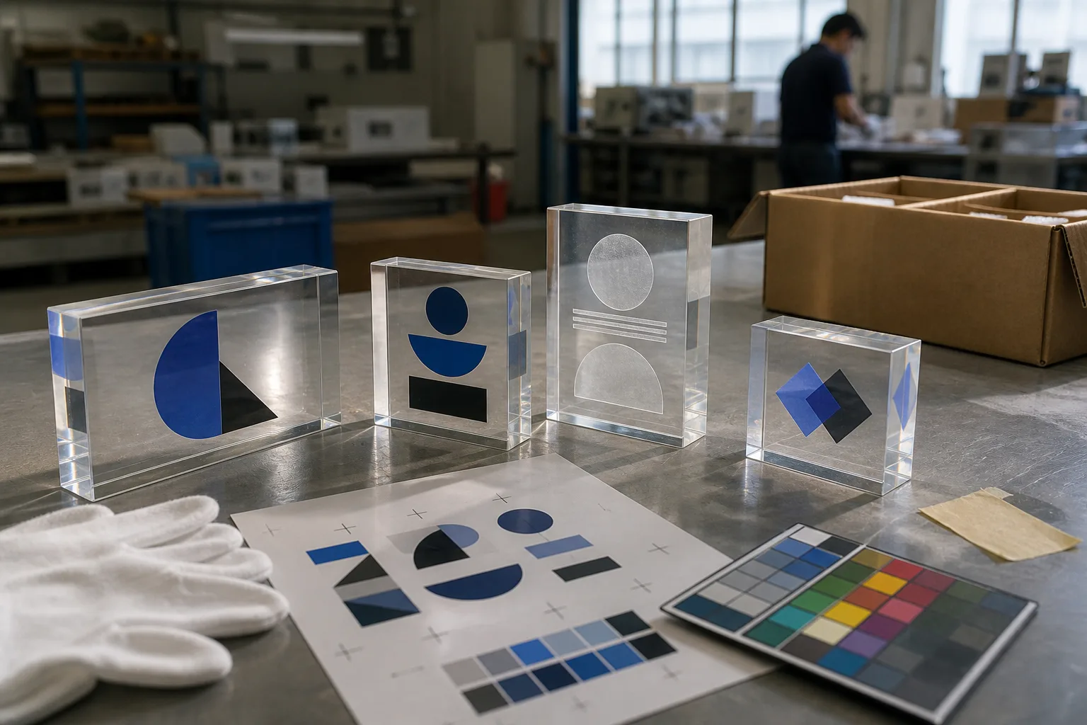 Four clear acrylic branding block samples with blue and black geometric artwork beside color proofs in an acrylic factory