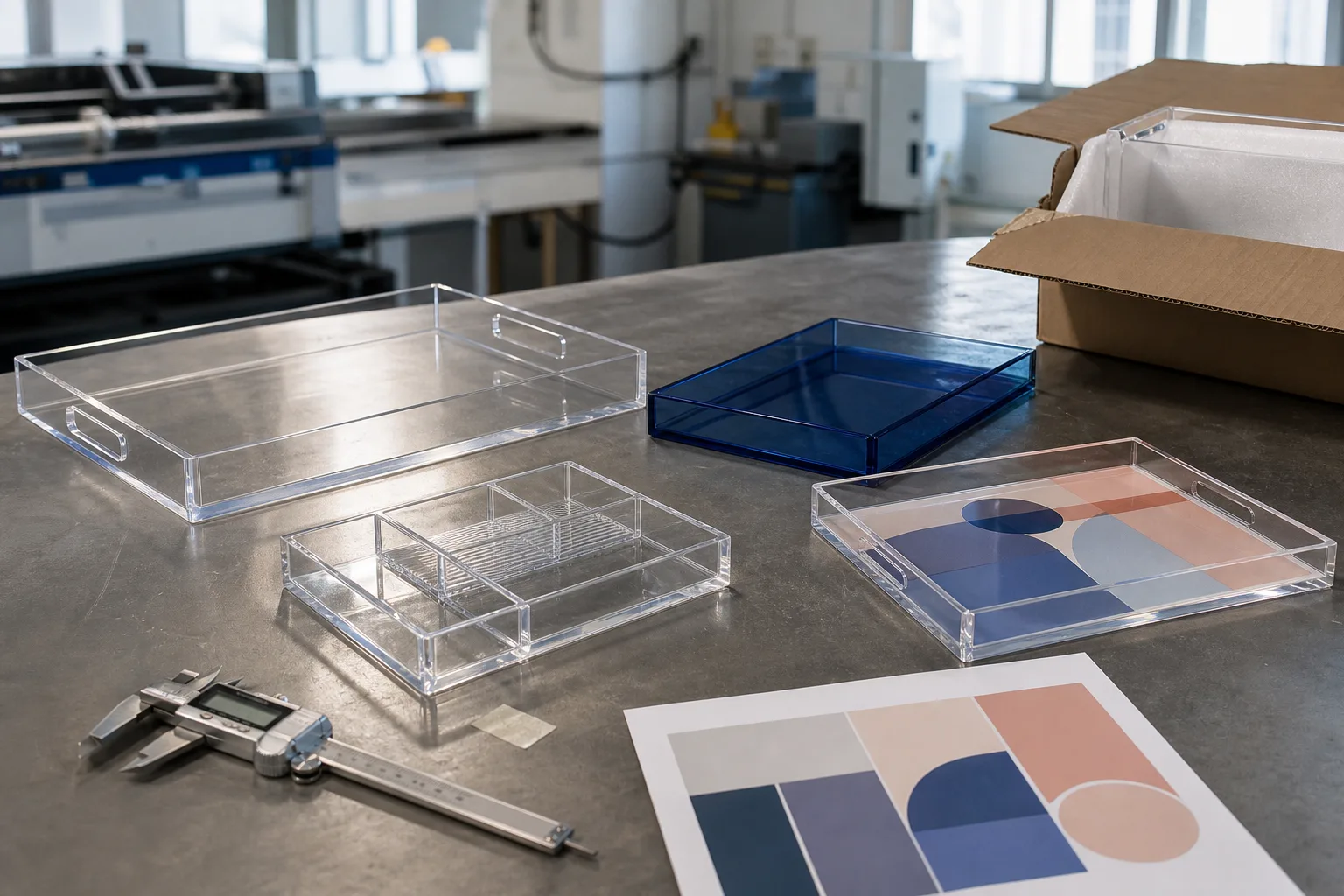 Clear, blue and printed acrylic tray samples beside a caliper and packing carton on a factory workbench
