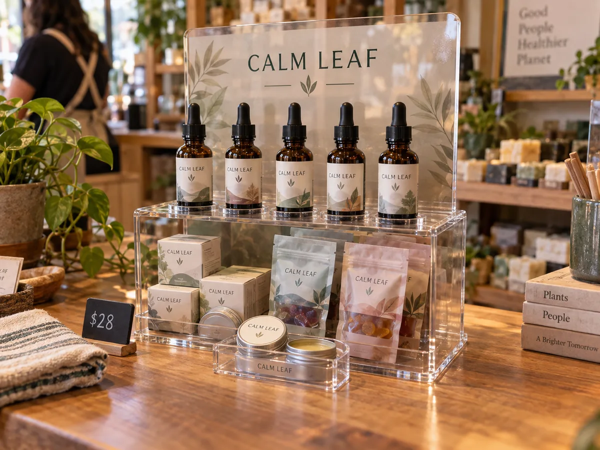 Two-tier clear acrylic CBD countertop display with tincture bottles, balm tins and gummy pouches under a printed brand header