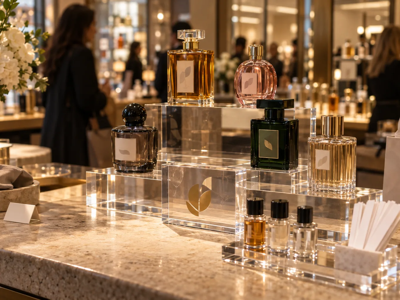 Department-store fragrance counter with stepped clear acrylic perfume risers, a gold-printed acrylic logo block and an acrylic tester tray