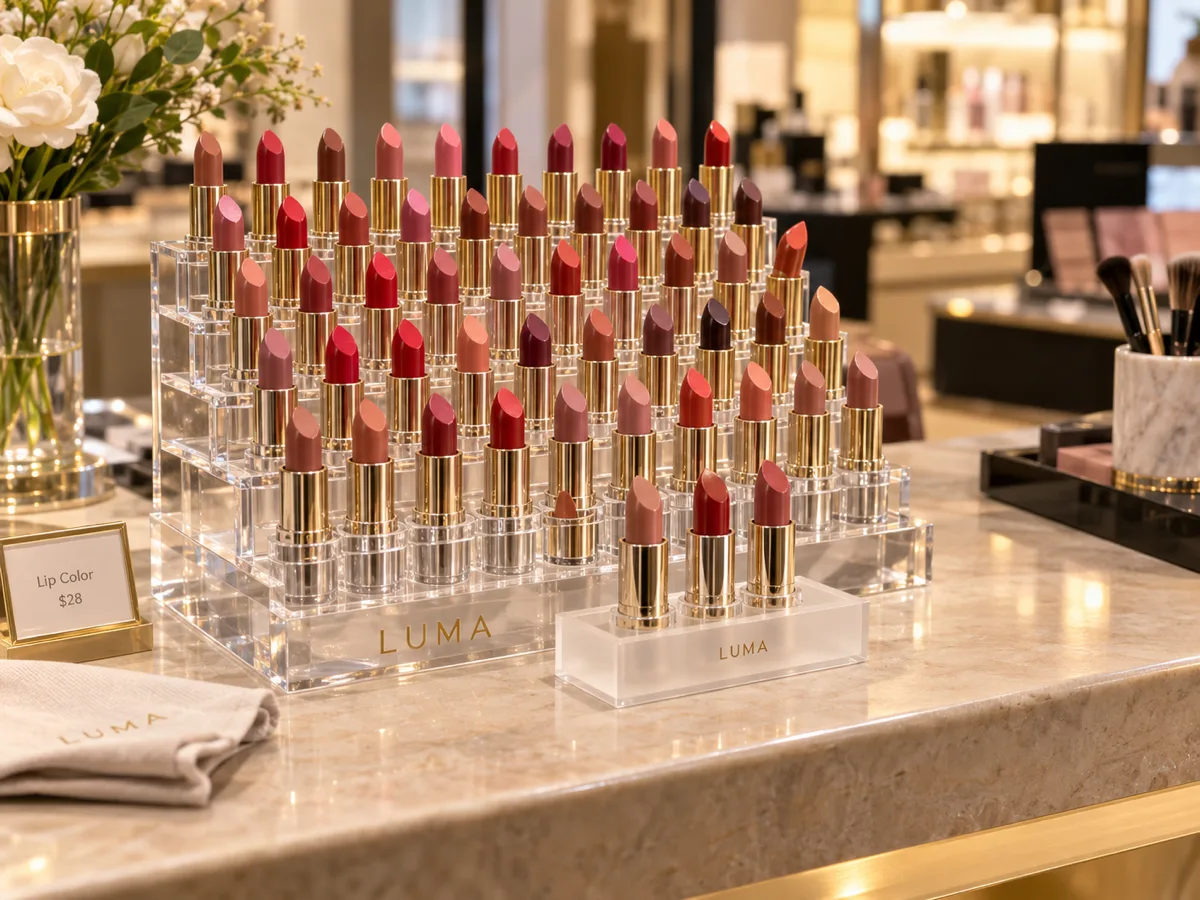 Tiered clear acrylic lipstick display with rows of individual slots holding lipsticks, and a frosted tester tray in front, on a beauty counter