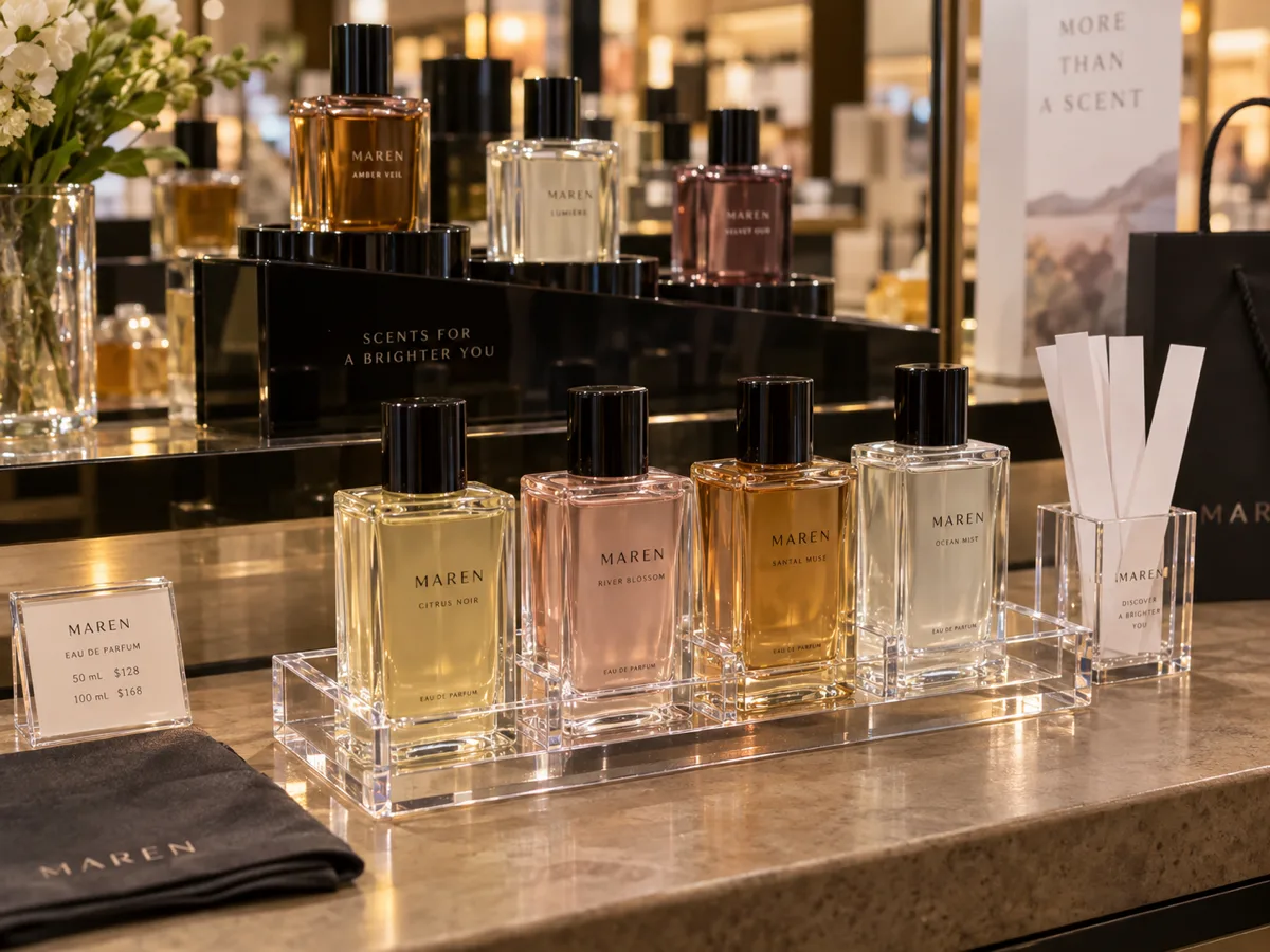 Clear acrylic divided perfume tester tray with four bottles and a black acrylic stepped perfume stand with bottle wells on a fragrance counter