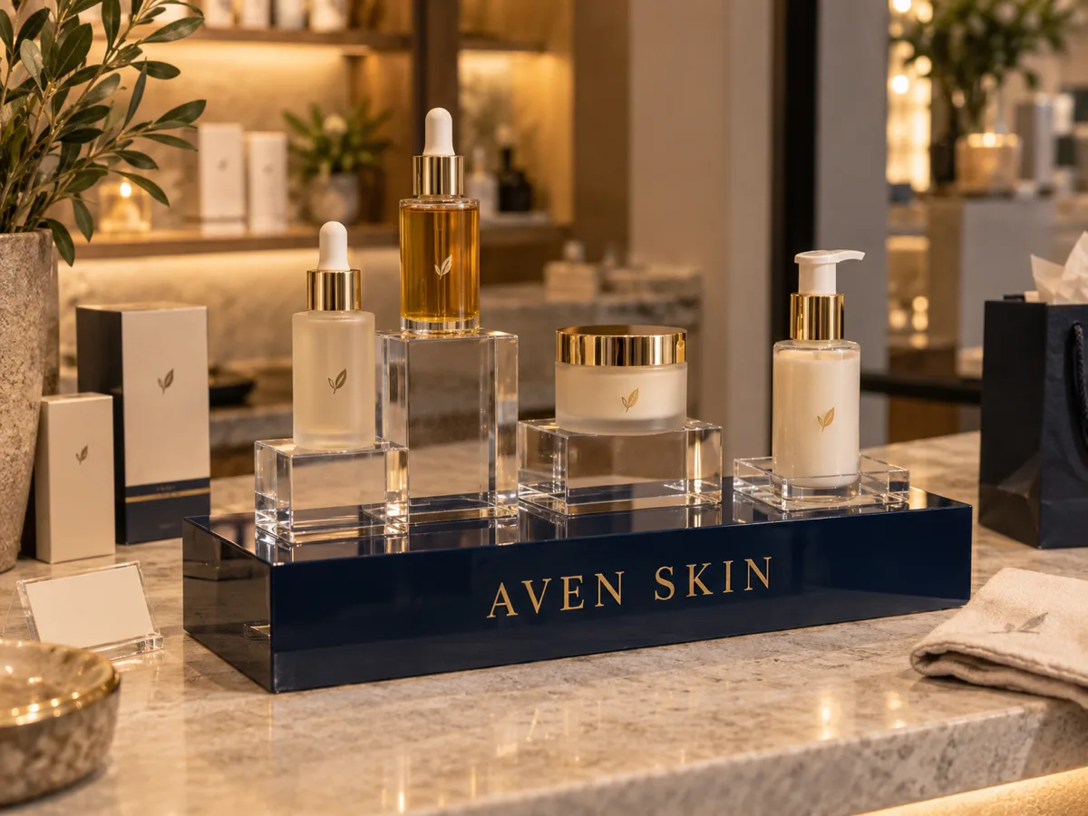 Navy acrylic logo plinth with clear acrylic risers holding serum bottles and cream jars on a skincare spa counter