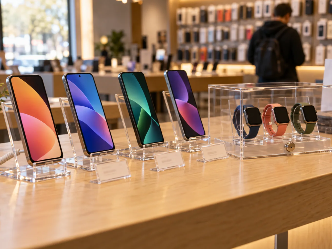 Carrier store counter with angled clear acrylic phone stands, price-card holders and a locking acrylic smartwatch case