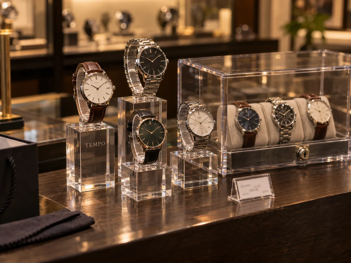 Clear acrylic watch pedestals at staggered heights holding wristwatches beside a lockable acrylic watch case on a watch retailer counter