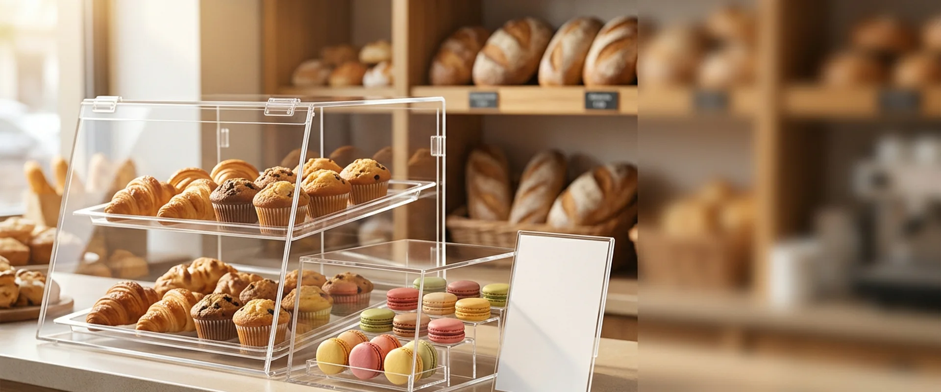 Bakery counter with acrylic display cases and pastry risers