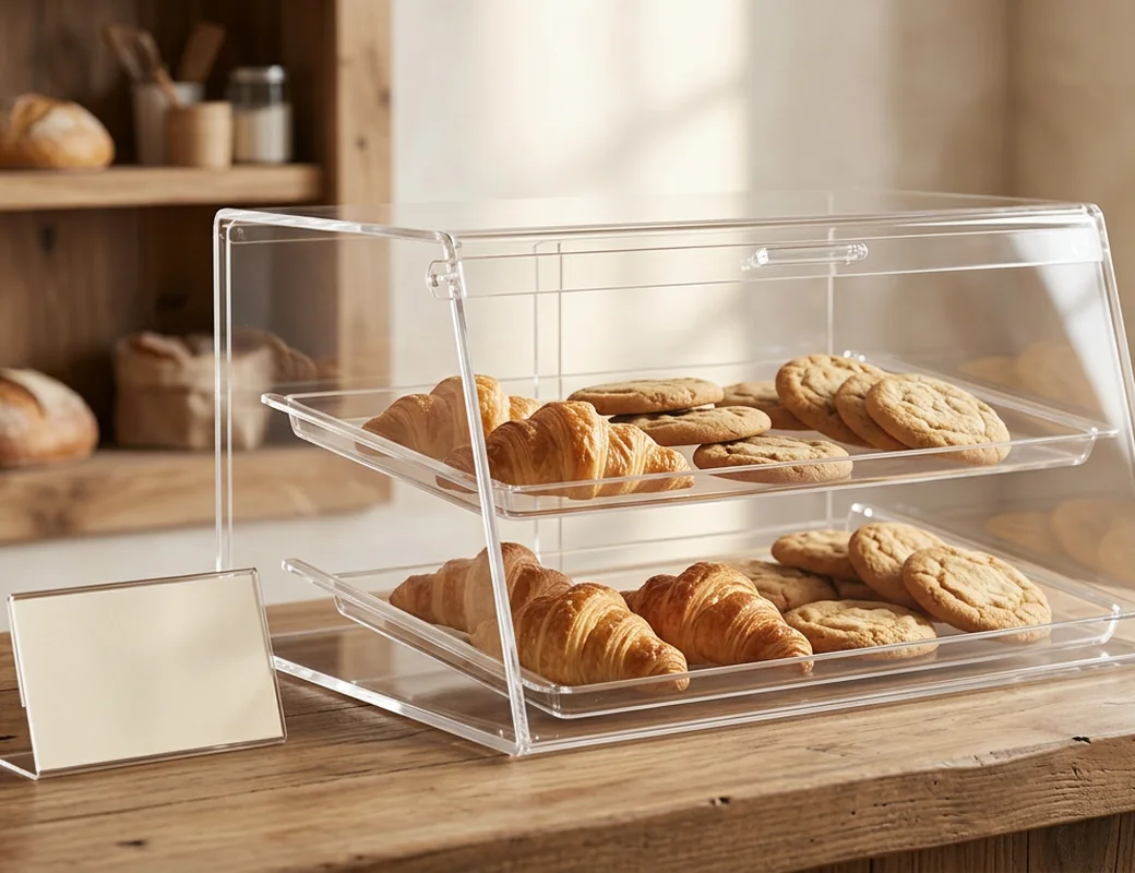 Bakery counter display with acrylic cases, risers, and sign holders