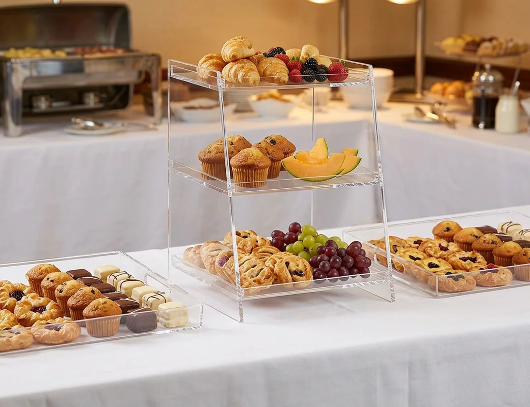 Hotel buffet with acrylic tiered risers and serving trays