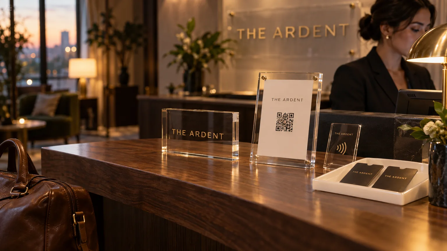 Acrylic logo block, magnetic QR frame, review stand and amenity tray on a boutique hotel front desk