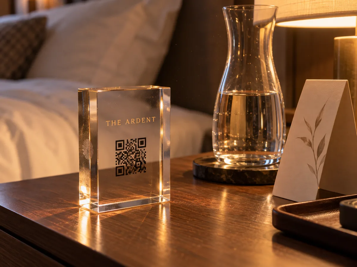 Clear acrylic logo block with a printed QR code on a hotel nightstand
