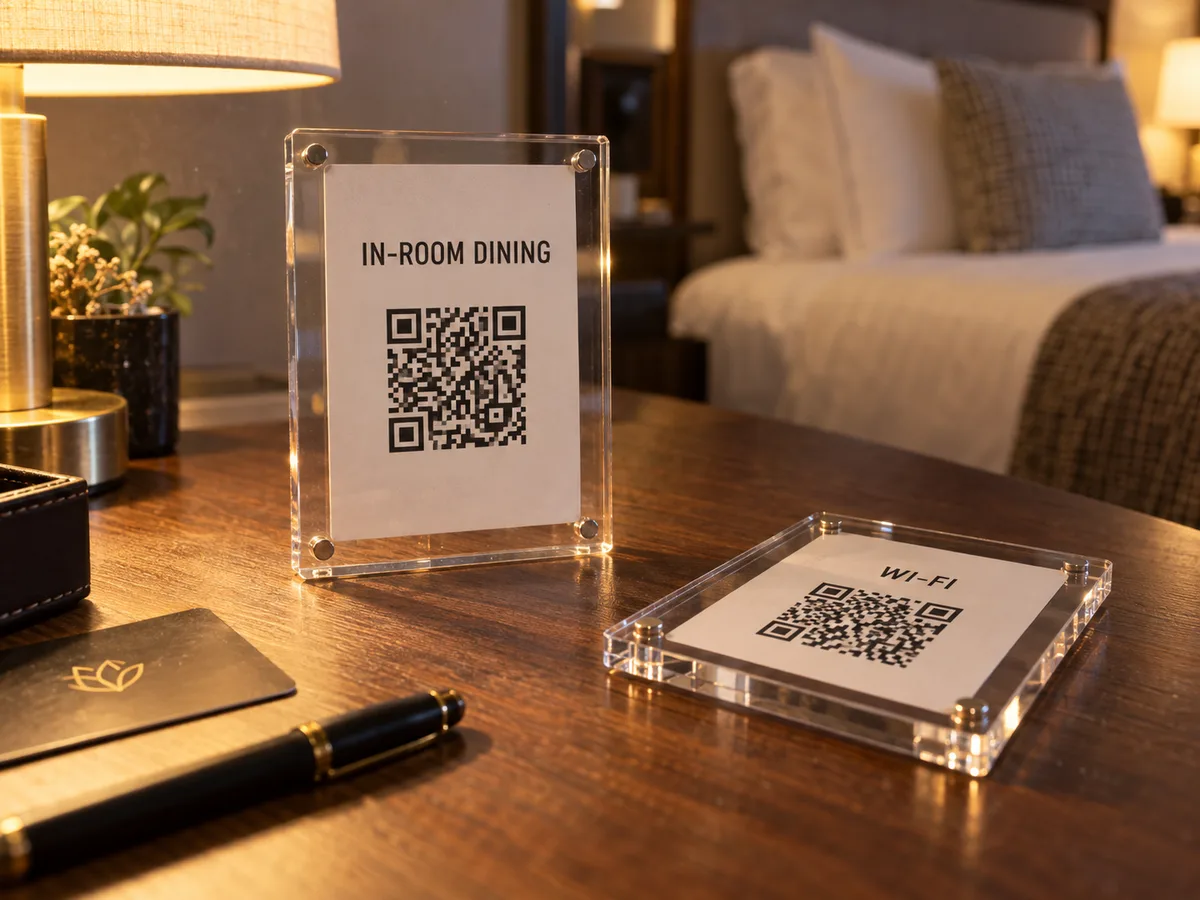 Clear magnetic acrylic frame holding an in-room dining QR card on a hotel room desk