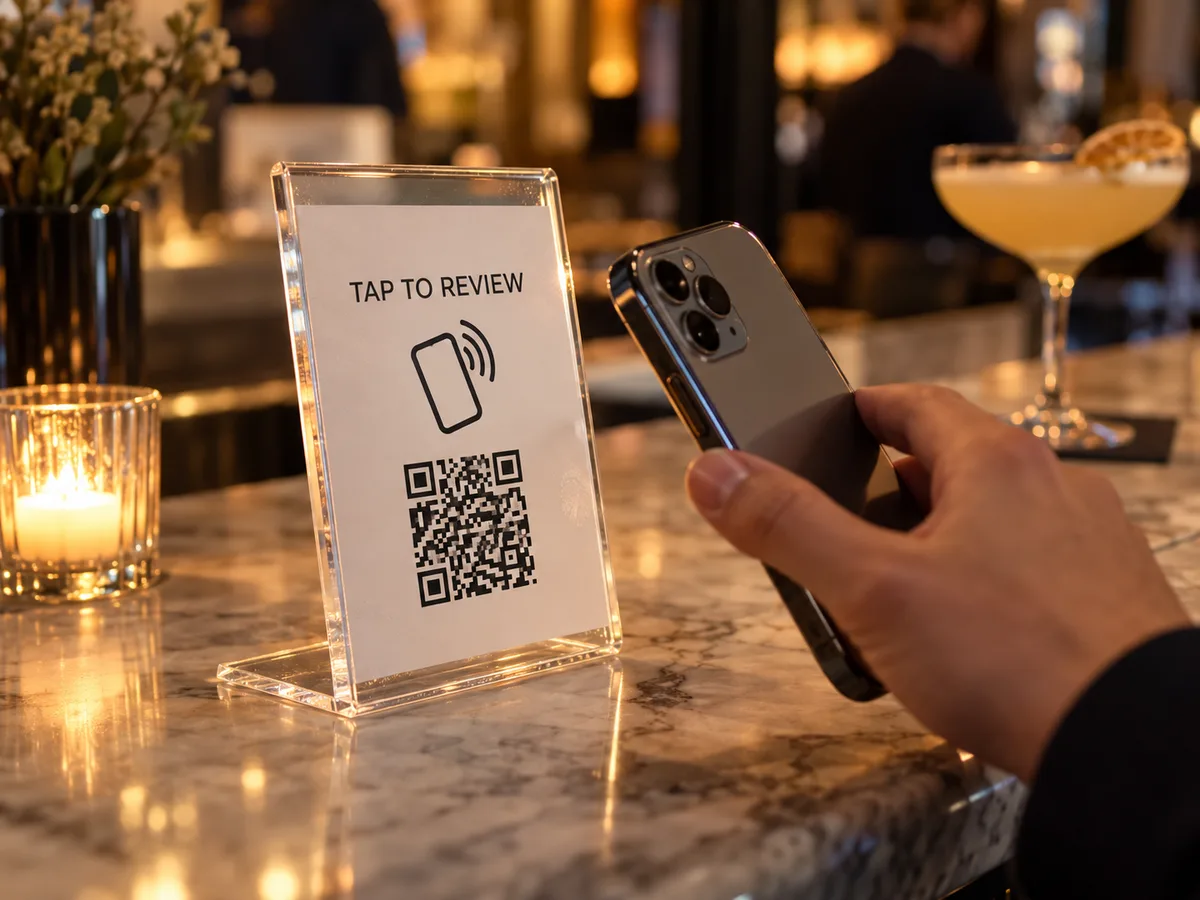 Clear acrylic tap-to-review stand with NFC and QR code on a hotel bar counter