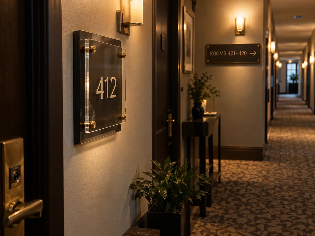 Layered acrylic room number sign and directional sign in a hotel corridor