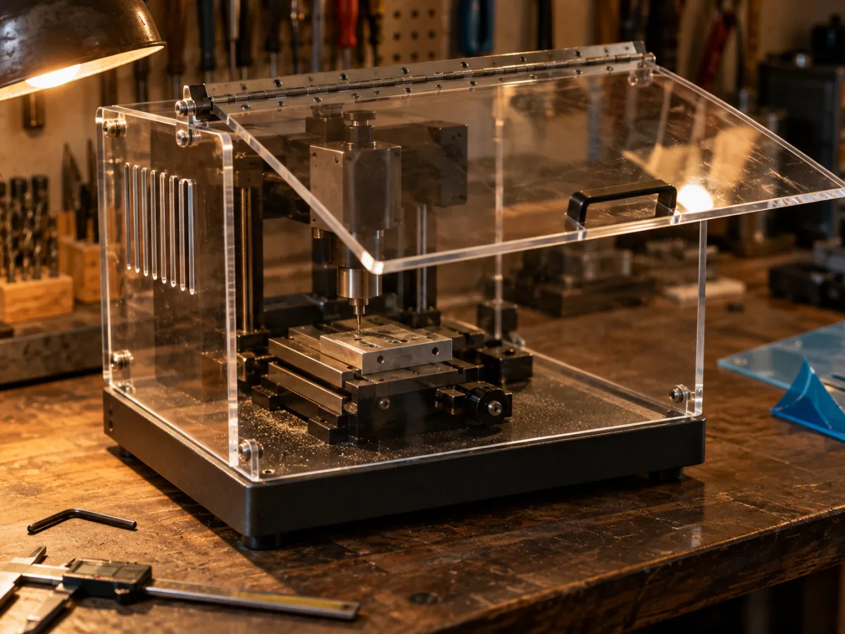 Clear acrylic hinged machine cover with vent slots over a benchtop machine