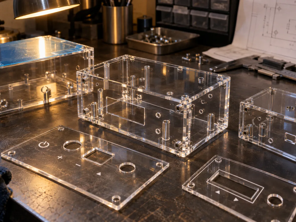Bonded clear acrylic electronics enclosures and front panels with machined holes and cutouts
