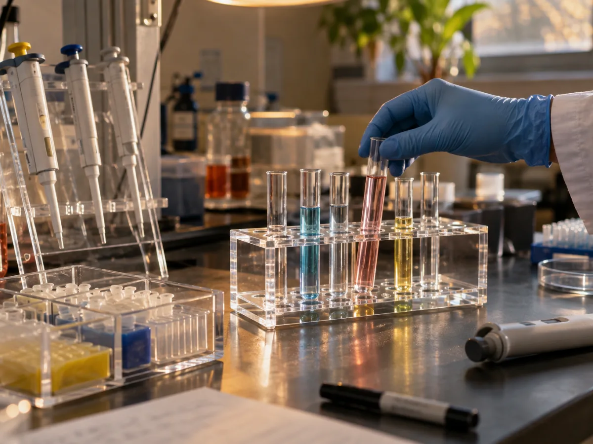 Clear acrylic test tube rack, pipette holder and divided tray on a laboratory bench
