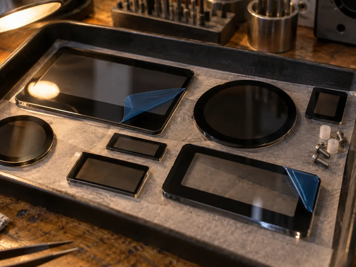 Smoked and tinted acrylic sensor windows and display cover lenses with printed black borders in a parts tray