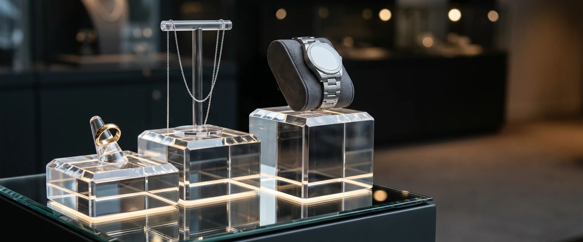 Custom acrylic jewelry display cases with diamond-polished edges and LED base