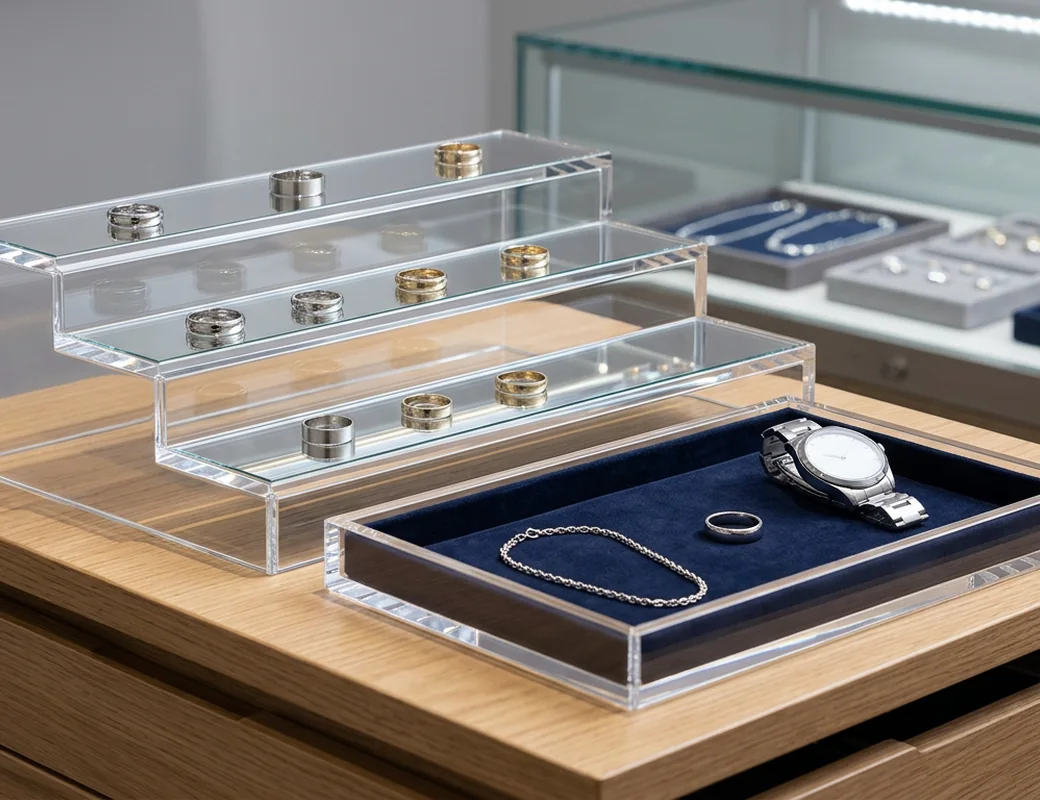 Jewelry store counter display setup with acrylic risers, trays, and cases