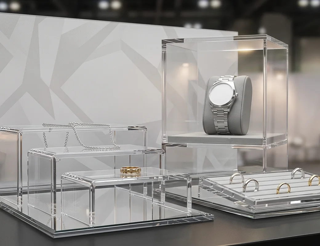 Modular trade show jewelry display system with nesting risers