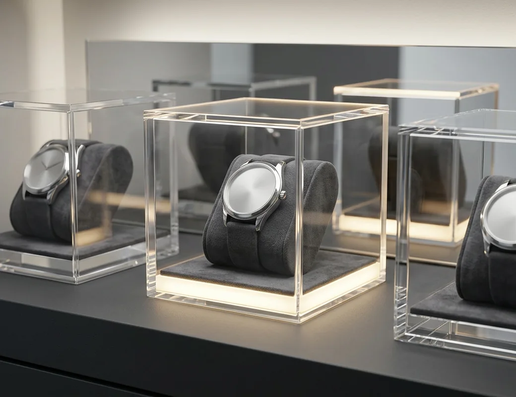 Watch retail display with cushion inserts and LED-lit acrylic cases
