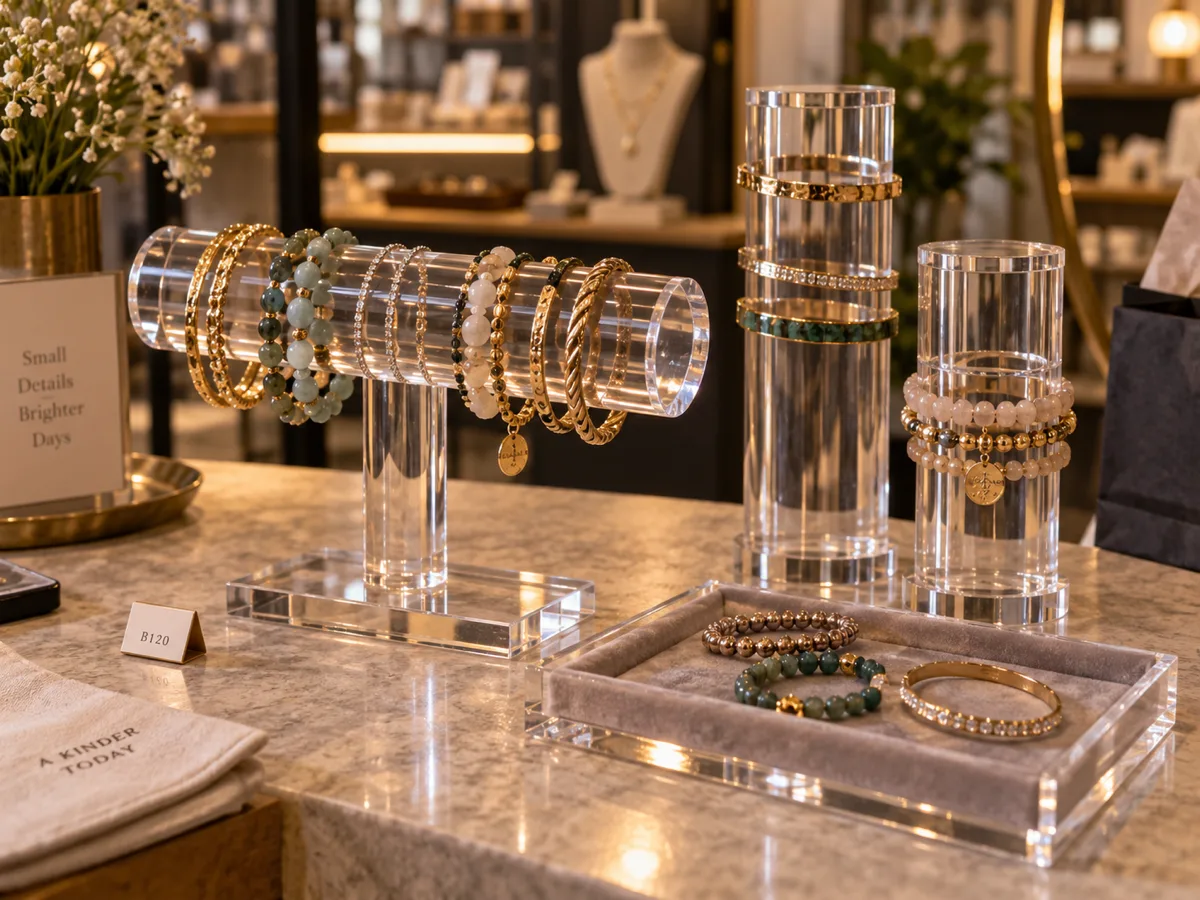 Clear acrylic bracelet T-bar and two bangle cylinders with gold and beaded bracelets, plus a velvet-lined acrylic tray, on a jewelry counter