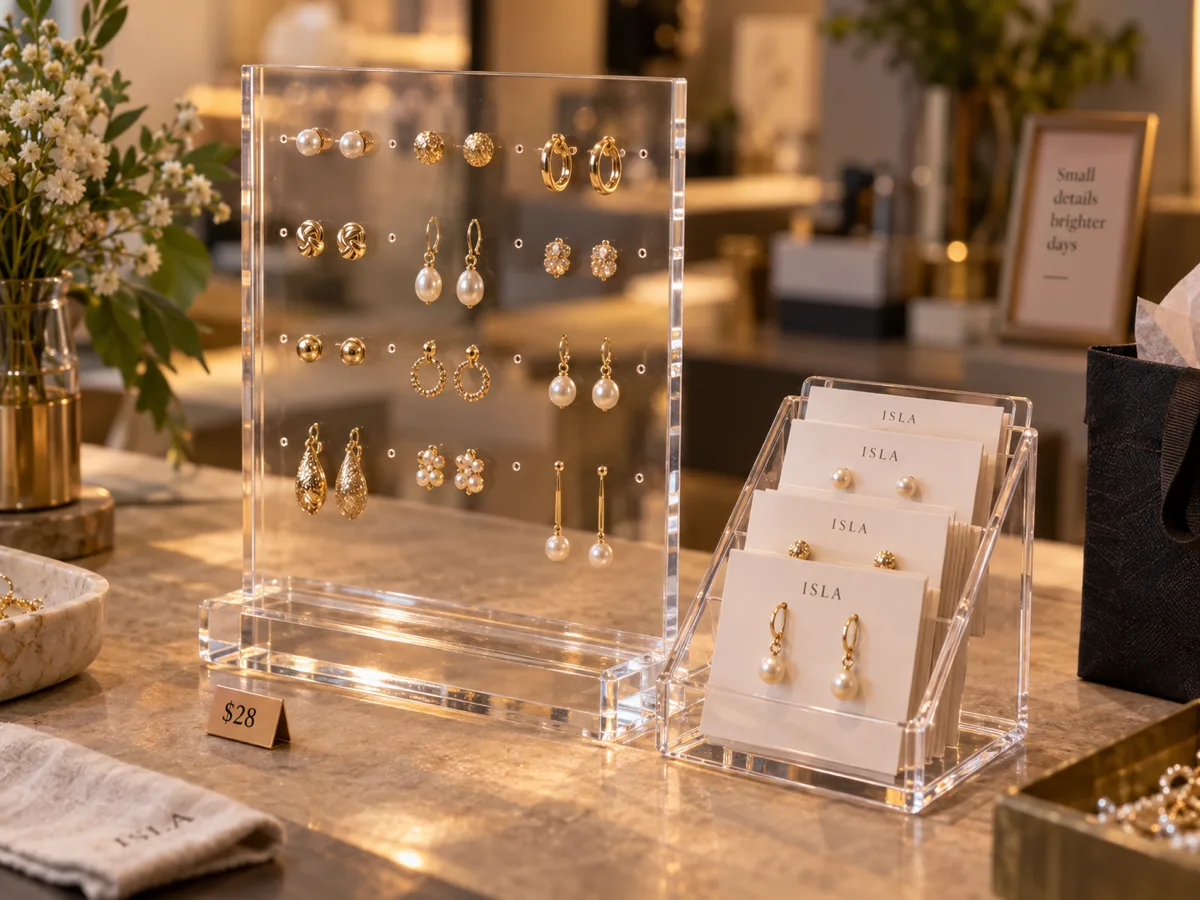 Upright clear acrylic earring panel holding stud and drop earrings beside an angled acrylic earring card holder on a boutique counter