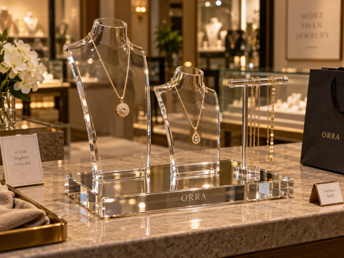 Two clear acrylic necklace busts and a T-bar on a mirrored acrylic base holding gold pendant necklaces in a jewelry boutique