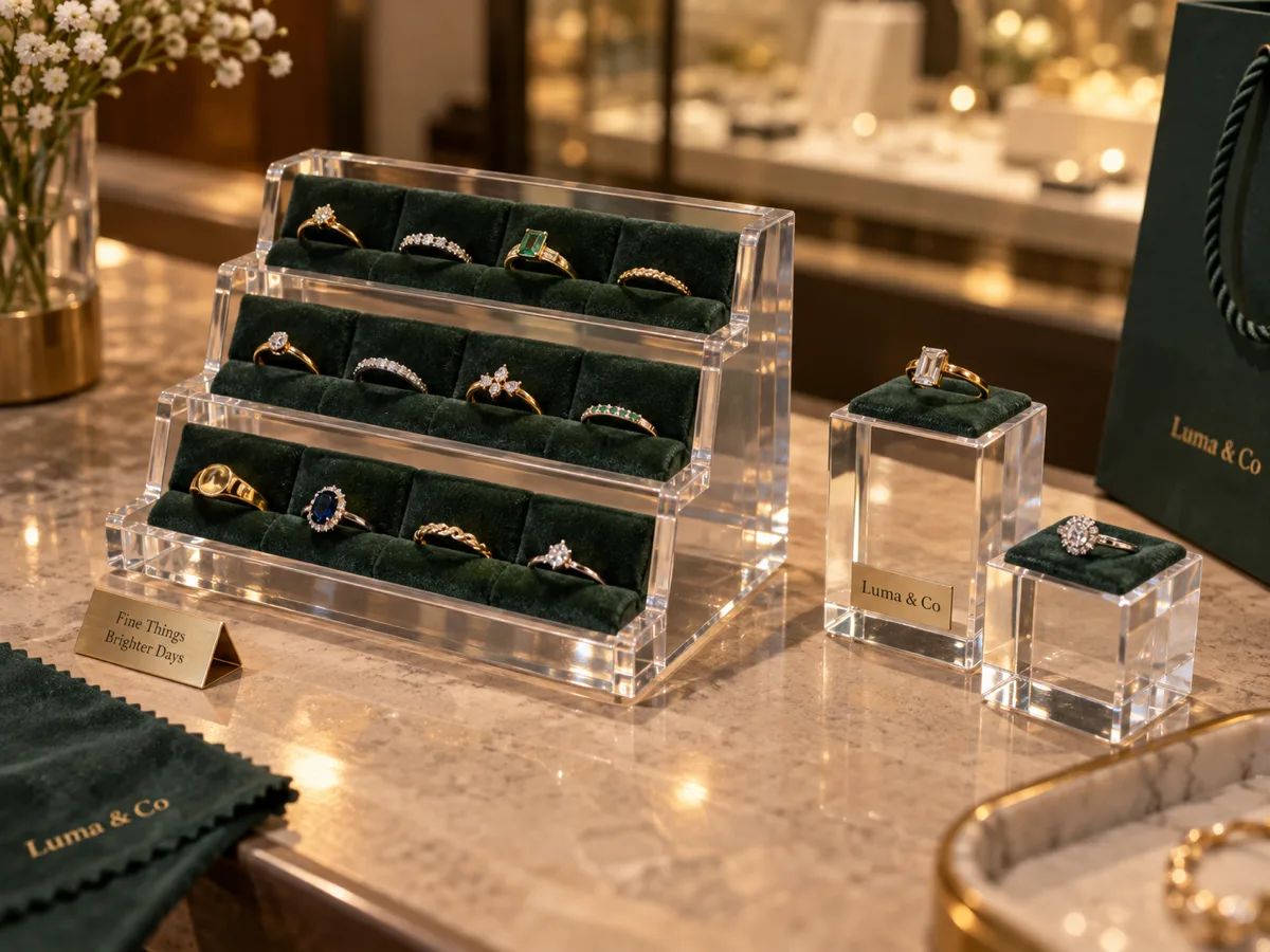 Stepped clear acrylic ring riser with green velvet ring rows and two single-ring acrylic blocks on a jewelry counter