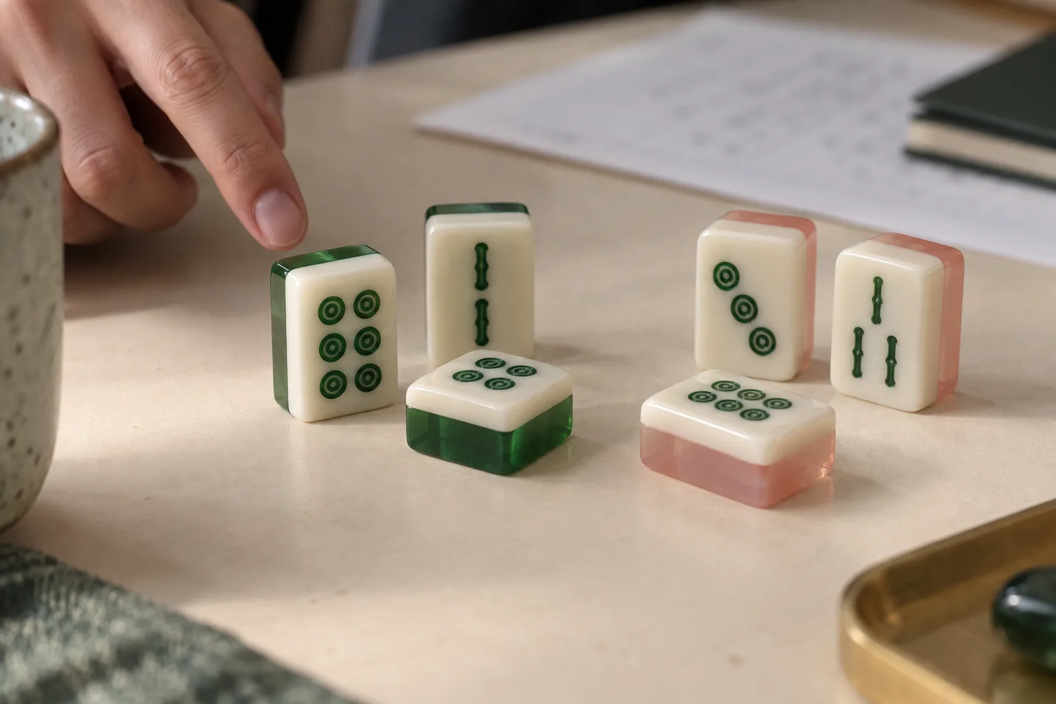 Two small groups of ivory acrylic tile samples with jade and pink backing reviewed on a worktable