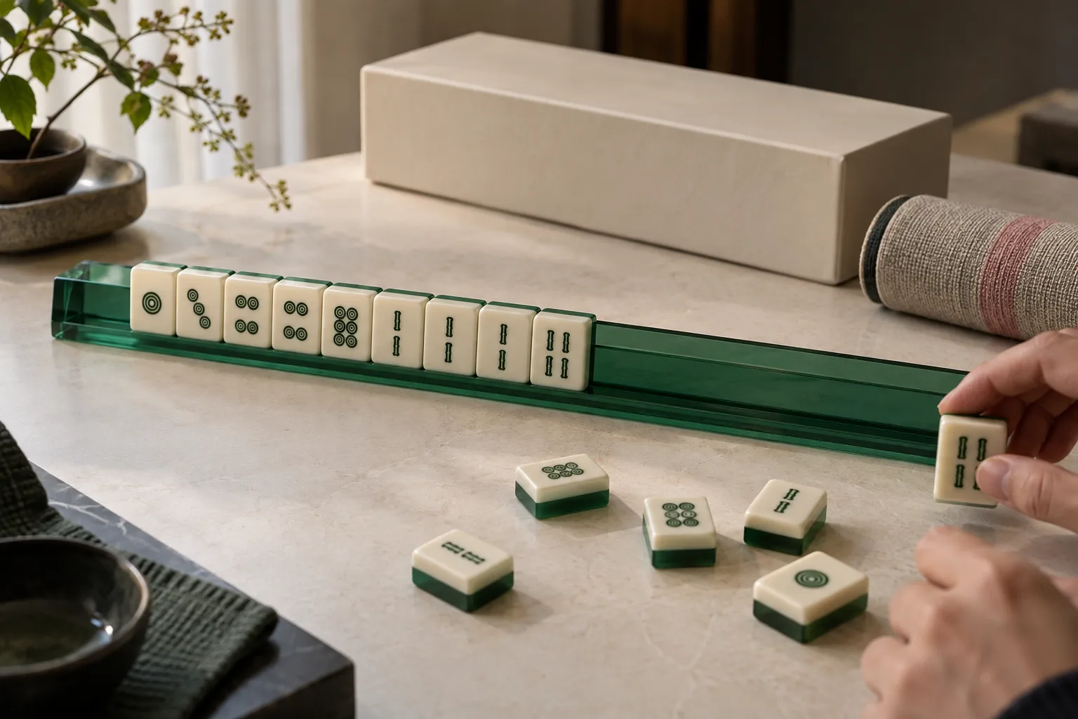 Custom acrylic tile samples beside a long jade rack, a cream box and a rolled mat during a scope review