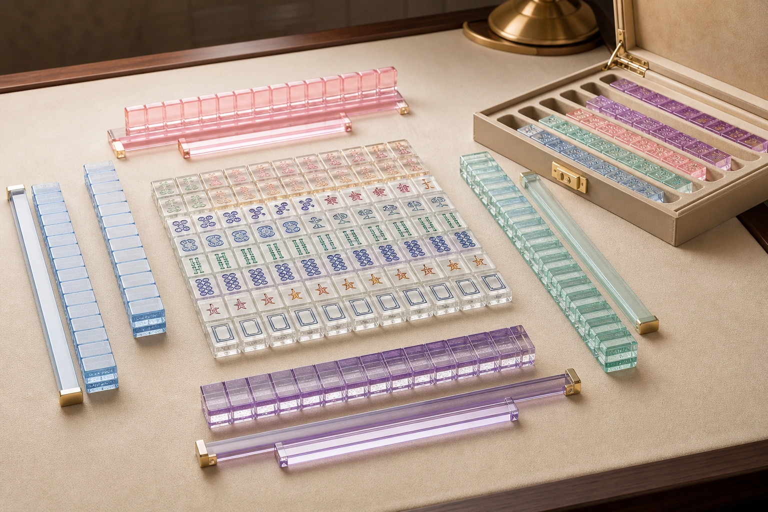 Editorial overhead shot of a fully-set mahjong table — NMJL 152-tile set fanned out across the felted play surface, four pastel rack-and-pusher pieces at each player position, custom display case open to one side showing the silicone-cradle insert