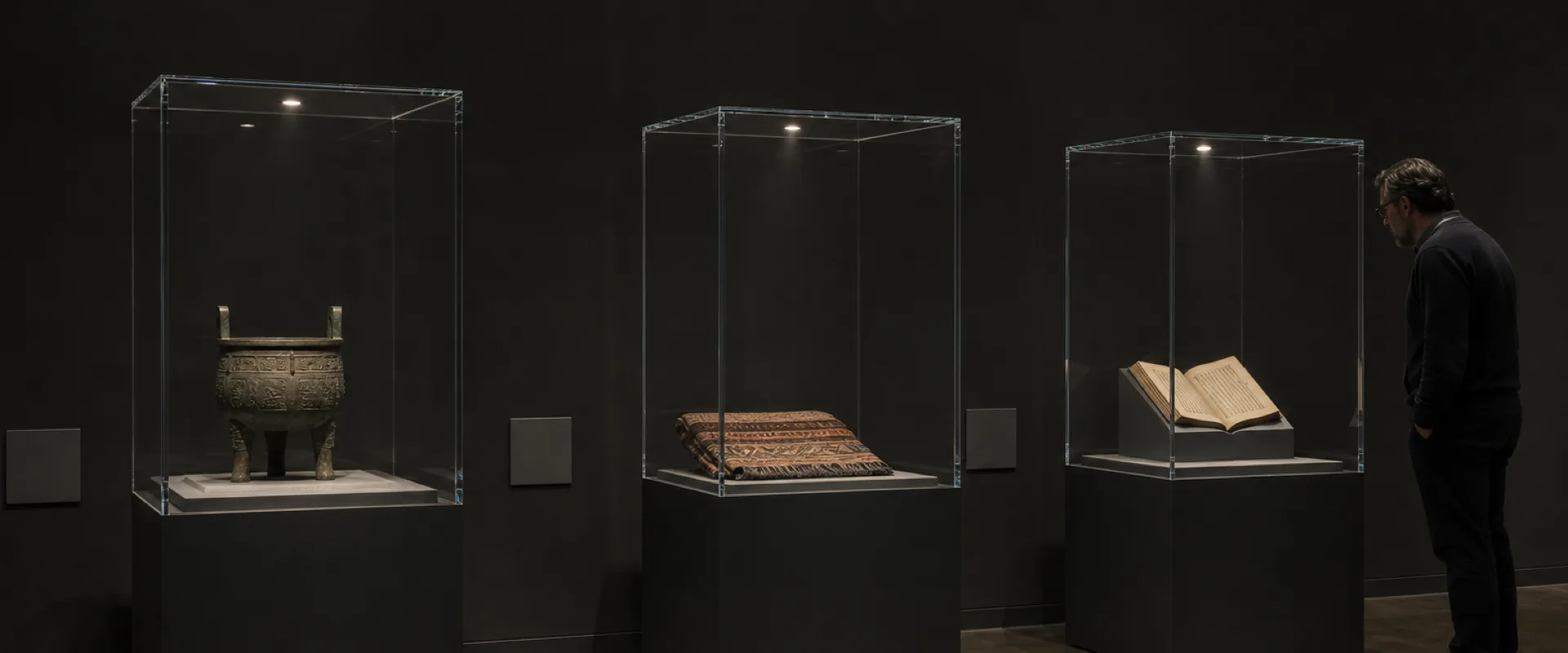Custom acrylic museum display cases — UV-filtering artifact vitrines on sealed plinth bases in a dimly lit gallery