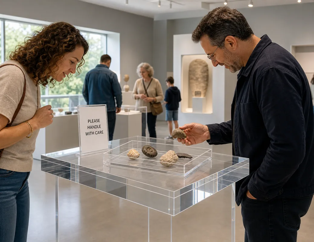 Clear acrylic interactive display plinth with a handling tray and label holder in a museum learning gallery