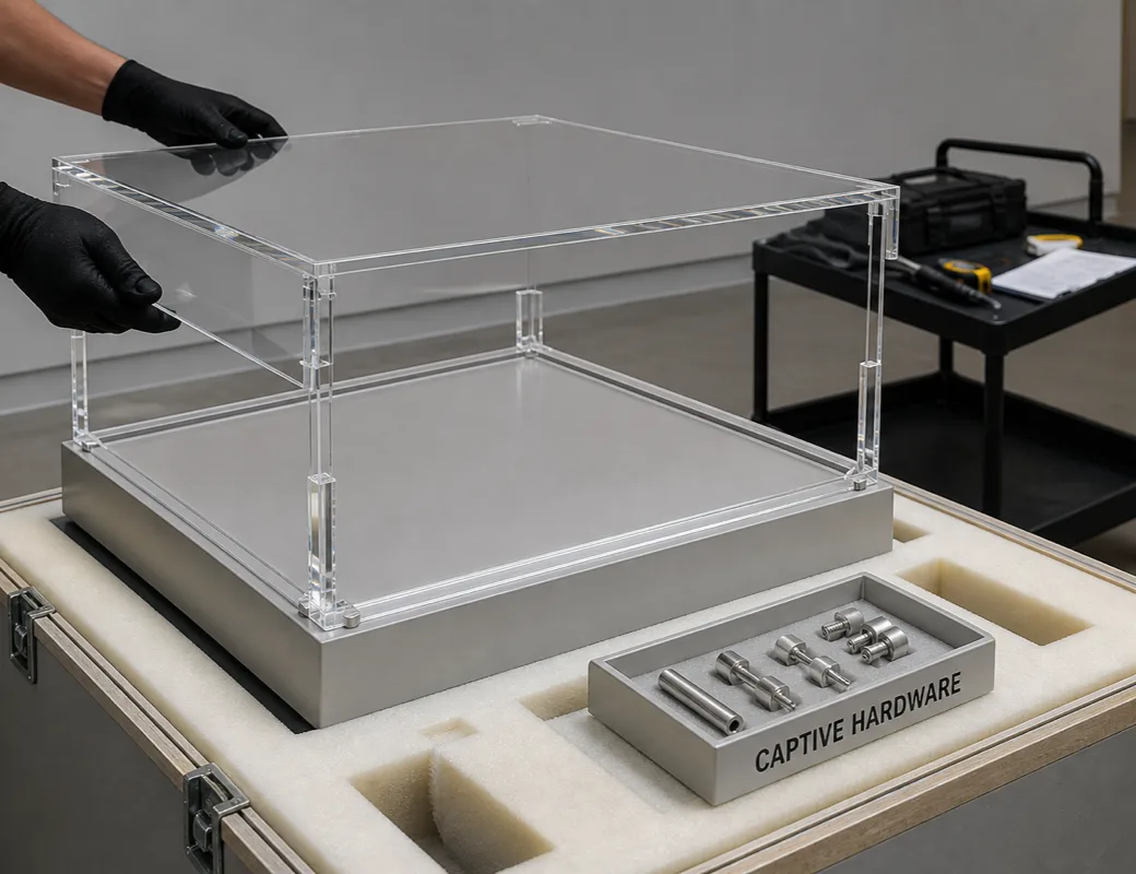 Dismountable acrylic traveling-exhibit case being assembled at a venue beside its foam-lined shipping crate