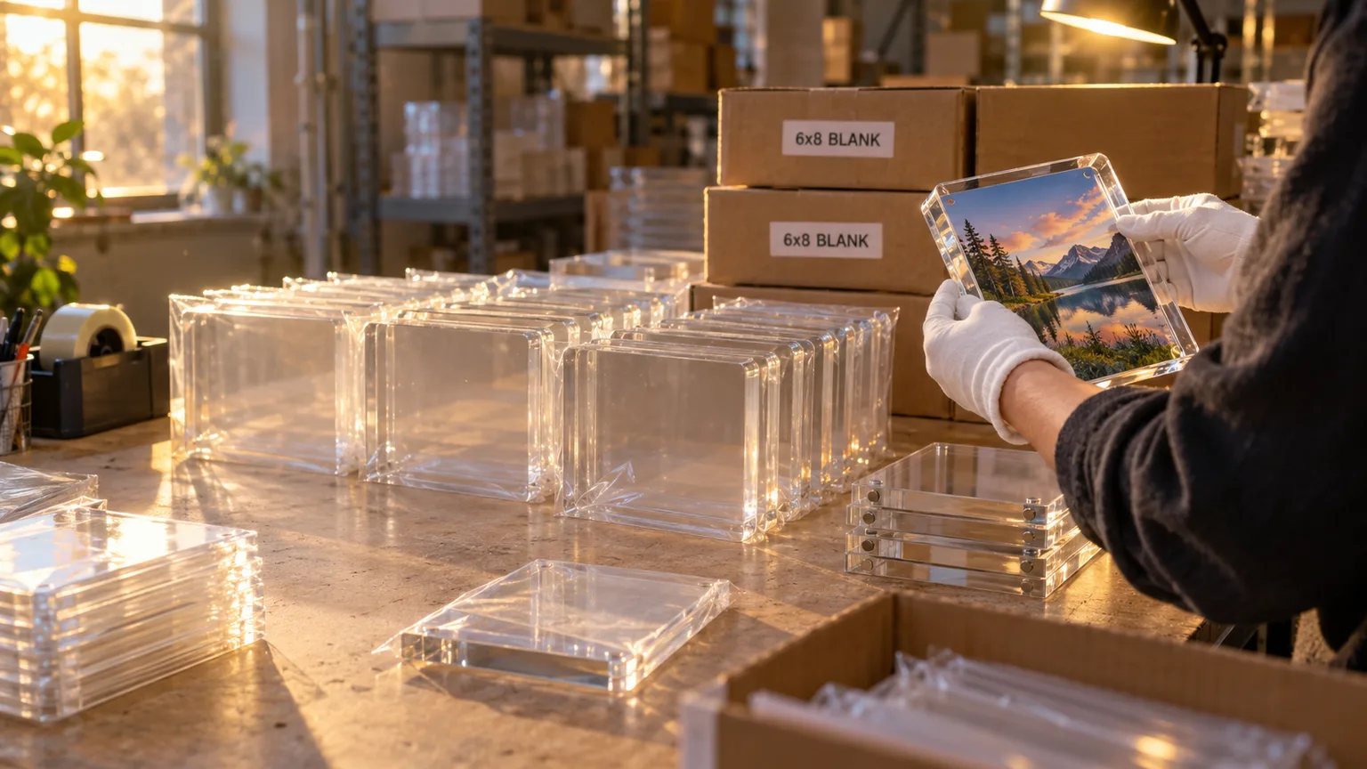Rows of clear acrylic photo-block blanks in sleeves being packed for a photo lab, one printed block under inspection