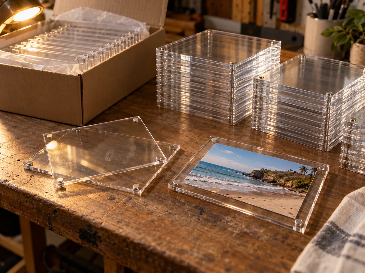 Stacks of blank two-panel magnetic acrylic photo frames on a packing bench