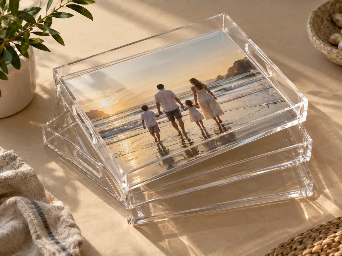 Clear acrylic photo trays with insert slots, the top tray showing a printed photo