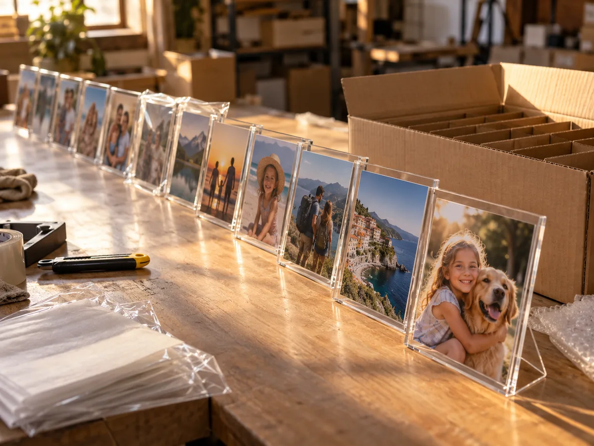 Batch of clear acrylic tabletop photo frames with printed photos lined up on a packing table