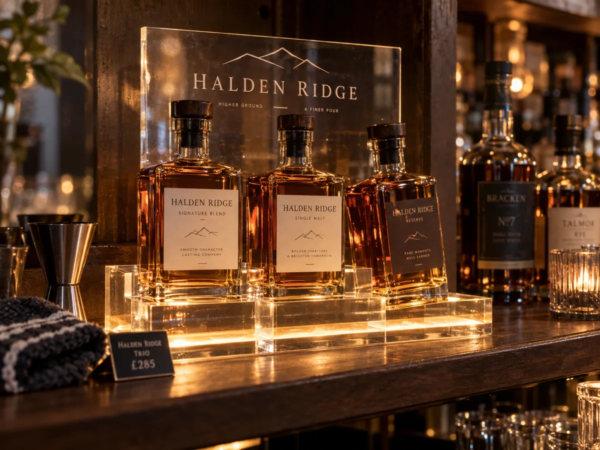 Lit clear acrylic bottle glorifier holding three whisky bottles under an engraved brand panel on a back-bar shelf