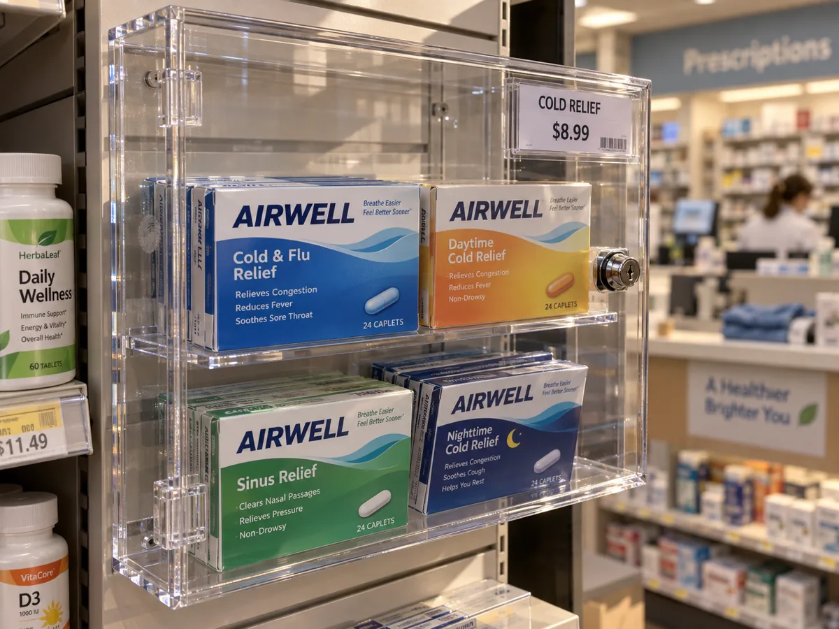 Wall-mounted locking clear acrylic case with OTC cold medicine boxes and a price label pocket in a pharmacy aisle