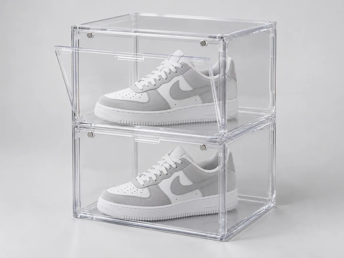 Stacked clear acrylic drop-front sneaker boxes