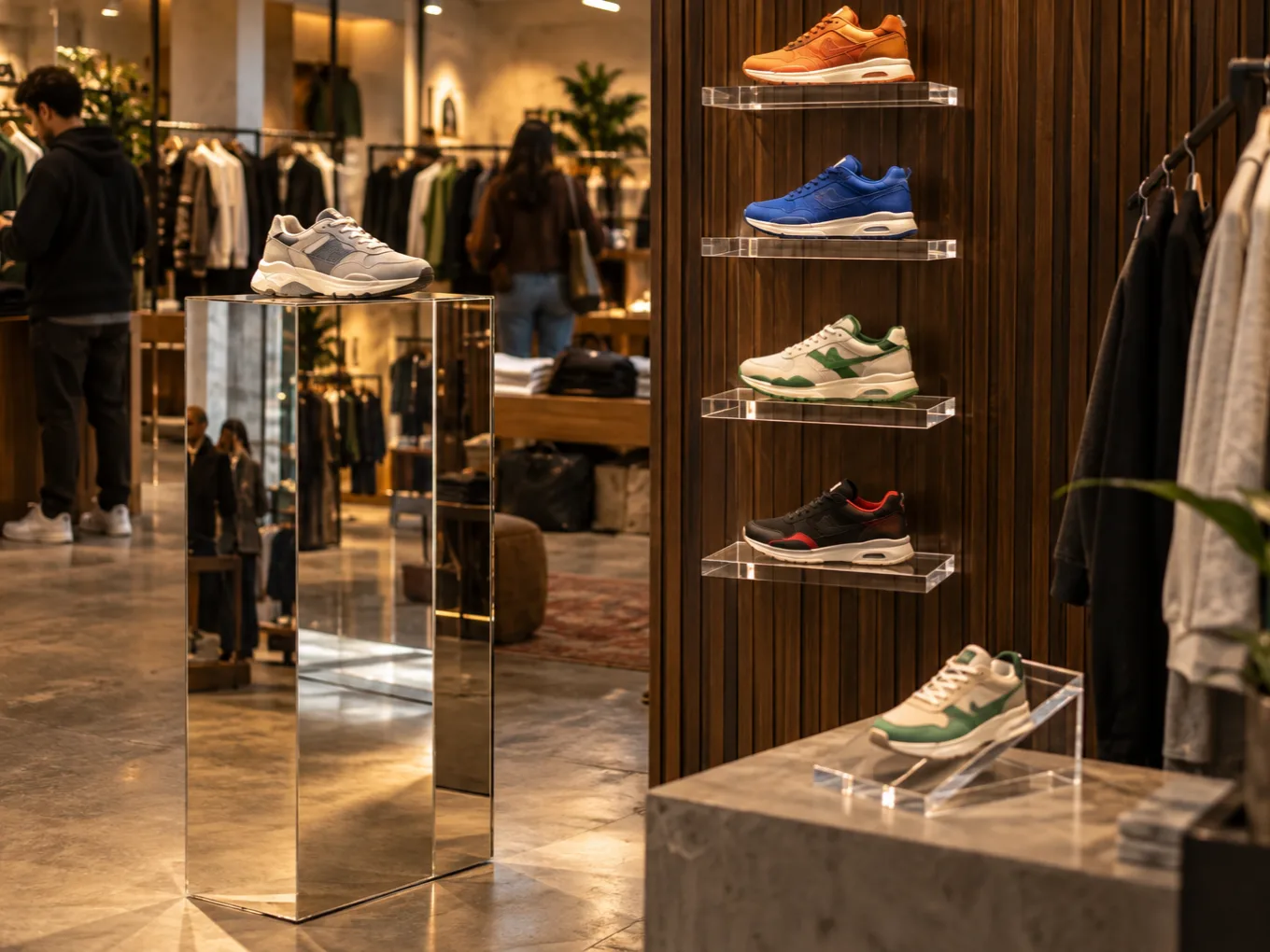 Sneaker boutique with a mirror acrylic pillar, clear acrylic floating shoe shelves and an angled acrylic shoe riser