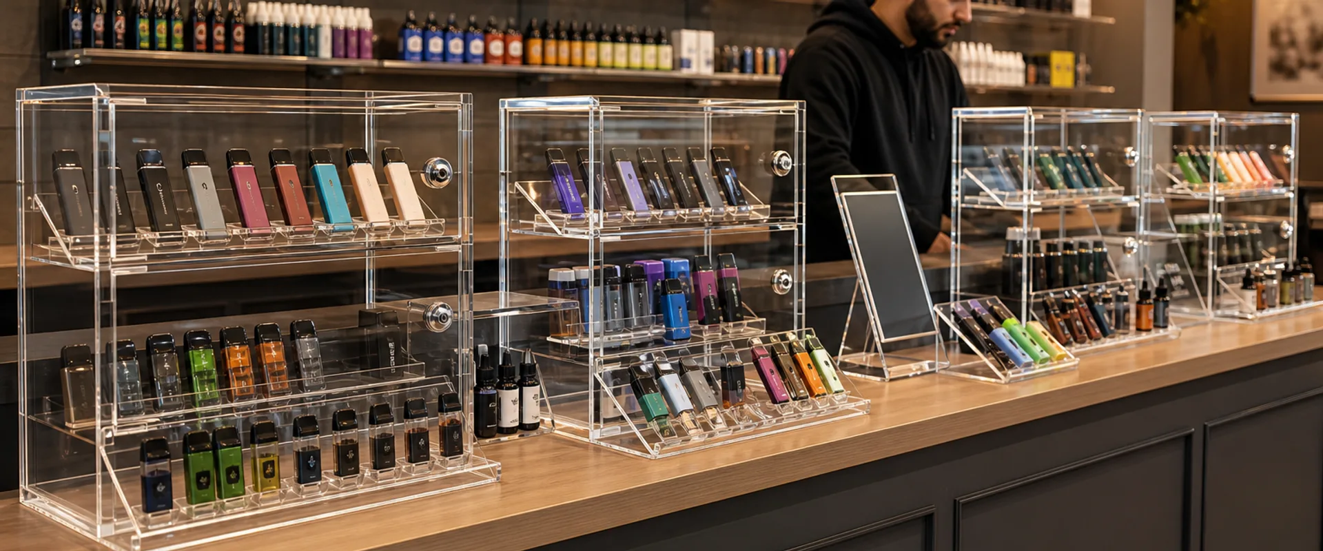 Custom acrylic smoke shop display cases — lockable vape counter cases, wall shelves, and sign holders in a vape store interior