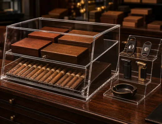 Acrylic cigar display case holding boxed cigars, cutters, and lighters on a tobacconist counter