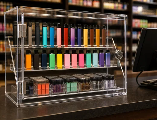 Lockable acrylic countertop vape display case holding pods and disposables at a vape store register